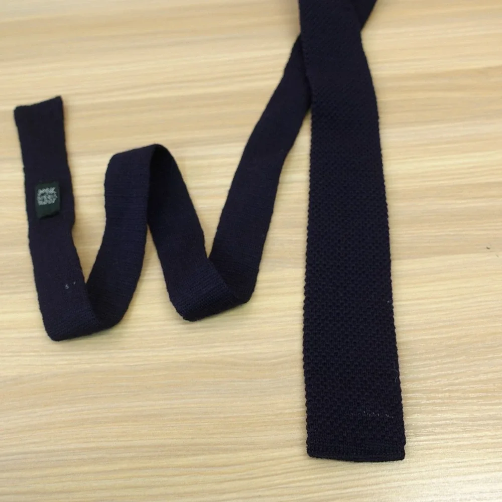 Vintage 60s Skinny Neck Tie Mens Navy Blue Wool Knit Flat Square End Rockabilly